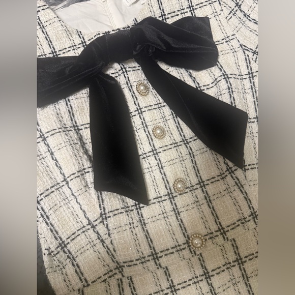 Ivy City Co Tweed Midi Dress Black White Bow Modest Feminine Size S - Picture 6 of 13